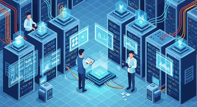 Modern Data Center with Servers and Technicians Working.