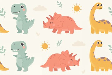 Fototapeta premium Seamless pattern featuring cute cartoon dinosaurs including green t-rex, orange triceratops, and yellow brachiosaurus with sun and clouds