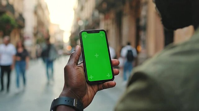 A person holds a smartphone with a green screen outdoors