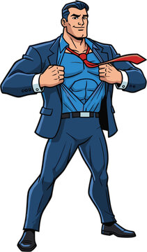 Businessman revealing superhero costume dynamic vector illustration with a white background businessperson corporate office worker executive superhuman alter ego transformation reveal