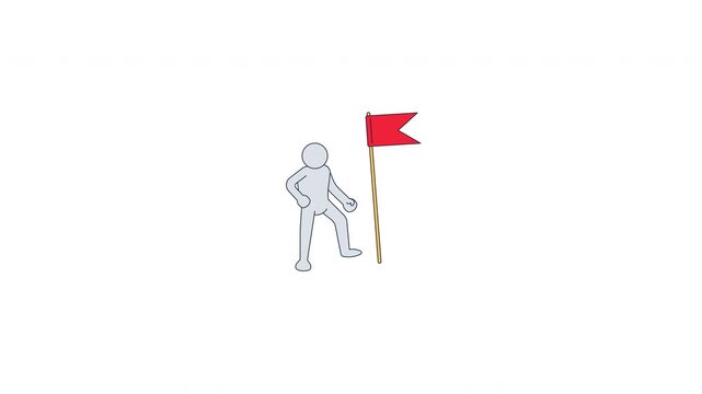 Simple human figure planting victory flag 2D character animation. Milestone accomplishment. Achieve target. Winner reaching goal animated person cartoon 4K video isolated on transparent background