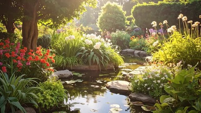 A serene garden pond surrounded by blooming flowers and lush greenery at sunset