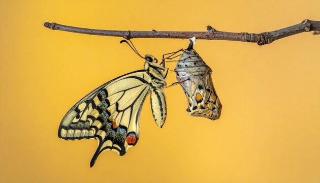 Emergence of a butterfly from its chrysalis on a branch.