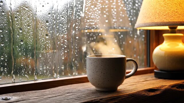 Steaming cup by rainy window