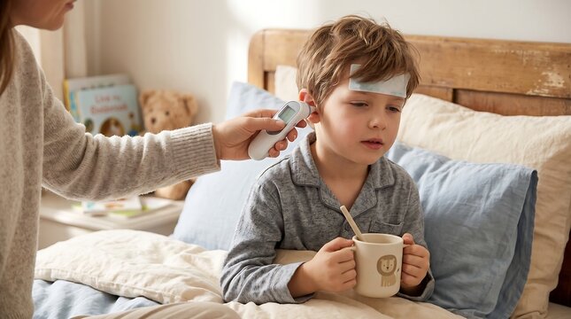 Mother checking fever of sick child with thermometer