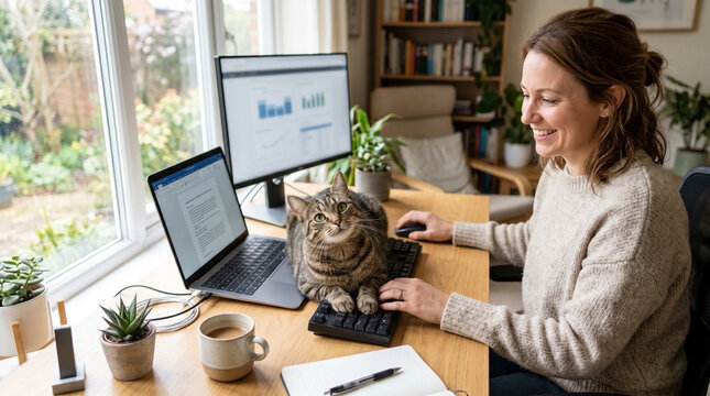 Woman working at desk with cat on keyboard and computer during home office setup. Home office atmosphere includes comfortable workspace, laptop and documents scattered around.