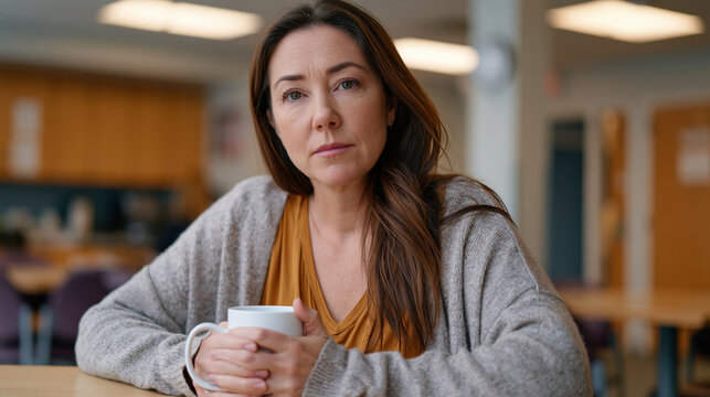 Burned-out social worker sitting alone in a break room, hands wrapped around a cold mug, eyes distant and hollow, the invisible cost of caring professionally for others manifesting as profound still