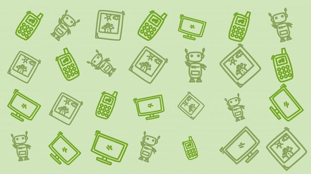 Green outlines of old tech gadgets on transparent background. Screens, phones, and icons float in playful arrangement. Vibrant design suits retro tech themes or digital nostalgia