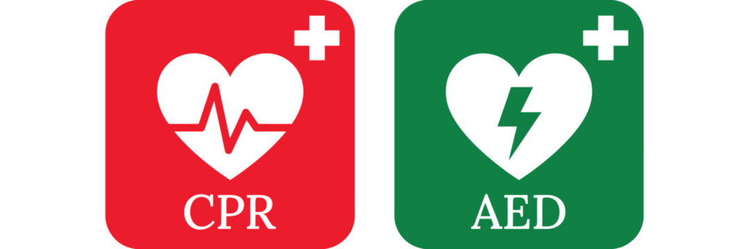 CPR and AED icon collection vector emergency defibrillator sign cardiac rescue CPR training medical aid safety icons green red vector illustration