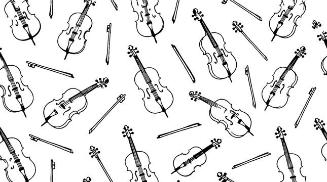 Seamless pattern of black and white violins and bows.