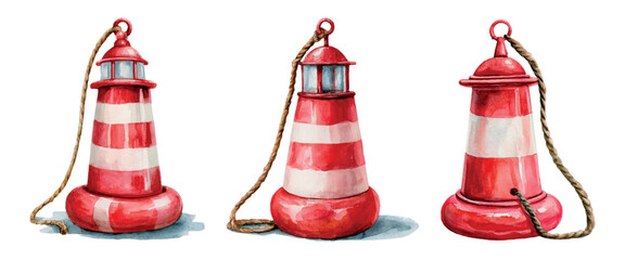 Red and white striped watercolor buoys and lighthouse elements creating a whimsical maritime themed illustration. Perfect for symbolizing guidance. Safety © Mari