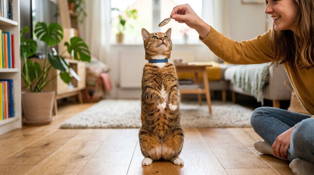 Cat standing on hind legs for treat while owner holds spoon in cozy living room. Cat eagerly reaches up for tasty treat during playful interaction with owner.