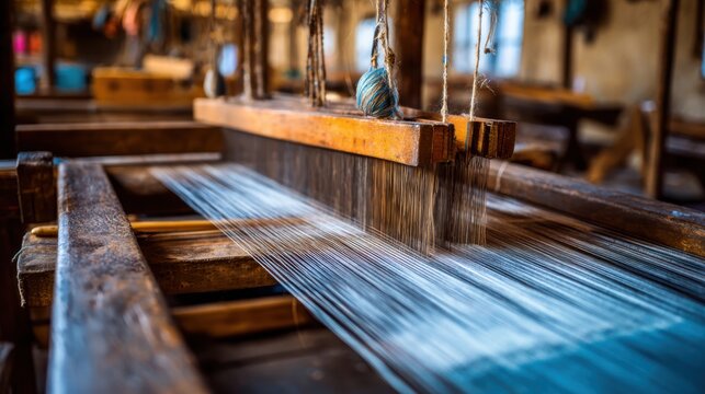 Close-up detail of an old wooden weaving loom with threads in motion, showcasing the intricate process of textile creation.