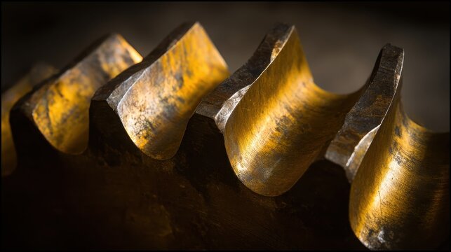 Close-up industrial bronze gears with weathered patina, showcasing intricate teeth and robust mechanical detail