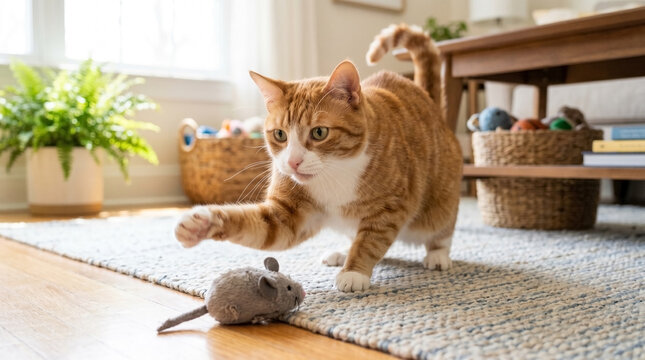 Playful cat engaging with cute plush toy mouse in bright living room. Cat playtime includes interaction with soft toy mouse on cozy rug, surrounded by plants and baskets.