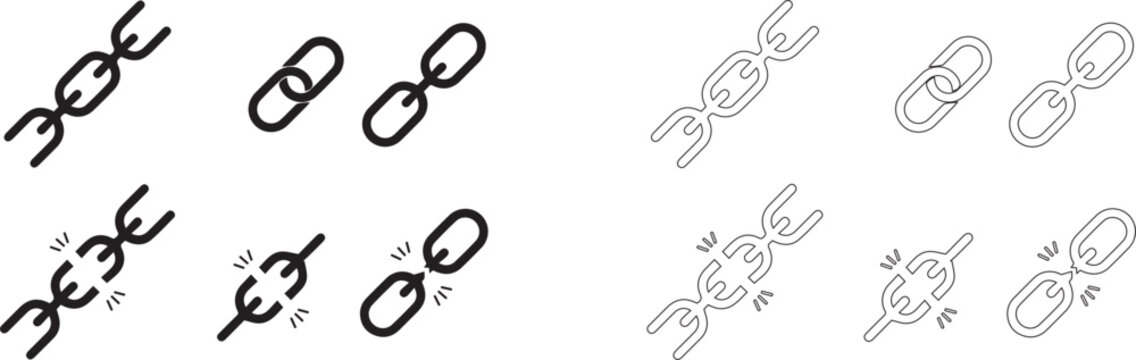 Minimalist black silhouette of a chain broken vector icon set.