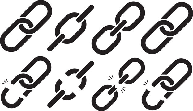 Minimalist black silhouette of a chain broken vector icon set.