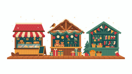 Obraz premium Festive winter market scene illustration featuring three charming Christmas stalls offering holiday gifts, delicious food, and joyful decorations