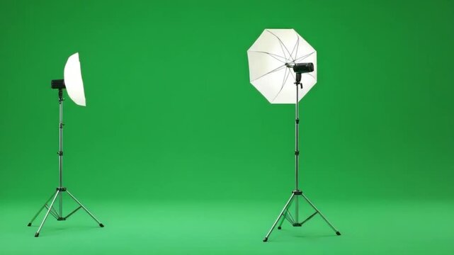 Studio lighting setup on green screen for video production.