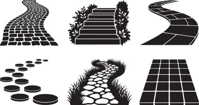 Set of garden path and walkway silhouettes including stone steps and paved trails for landscape design projects