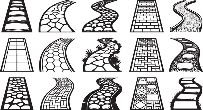 Set of garden path and walkway icons with various stone paving textures in black and white vector