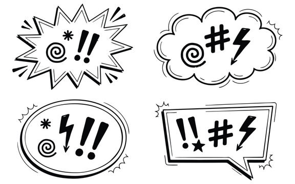 Hand drawn comic speech bubbles with censored swear symbols pop art dialogue clouds expressive comic talk icons vector illustration design