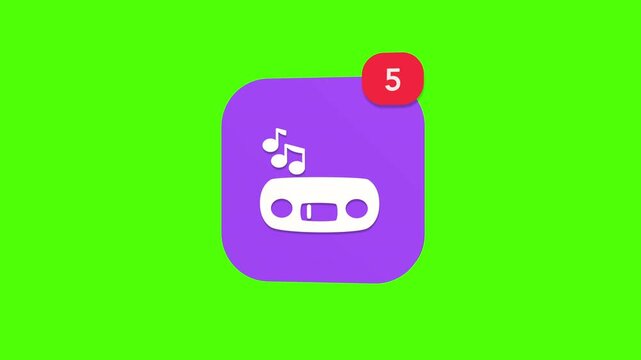 A 3D vintage car radio cassette tape player dashboard audio system notification icon popping up and rotating on a green screen chroma key background with a red number counter animation.
