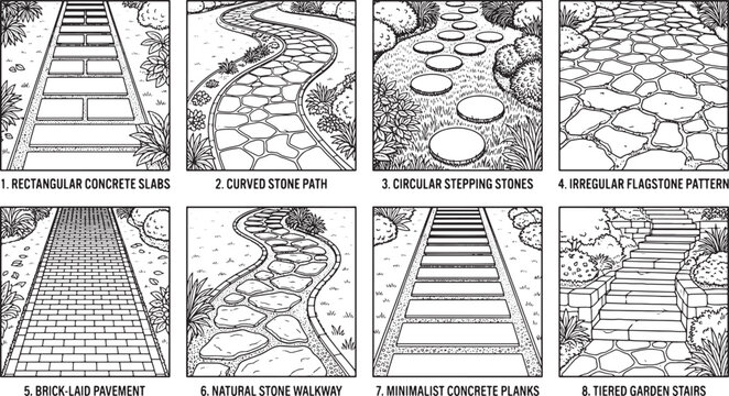 Set of garden walkway designs featuring stone paths, brick pavement, concrete slabs, and tiered stairs vector illustration