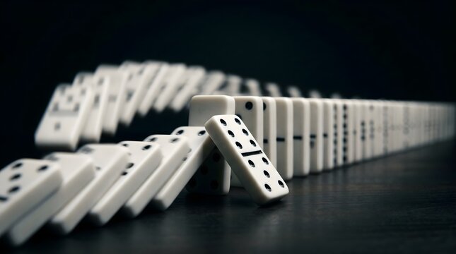 Domino effect concept with falling white tiles, chain reaction of dominoes on dark background, sequence of falling blocks representing cause and effect