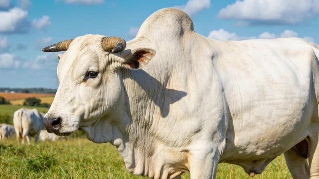 brazilian farm nellore bull or catle bull in grassy landscape