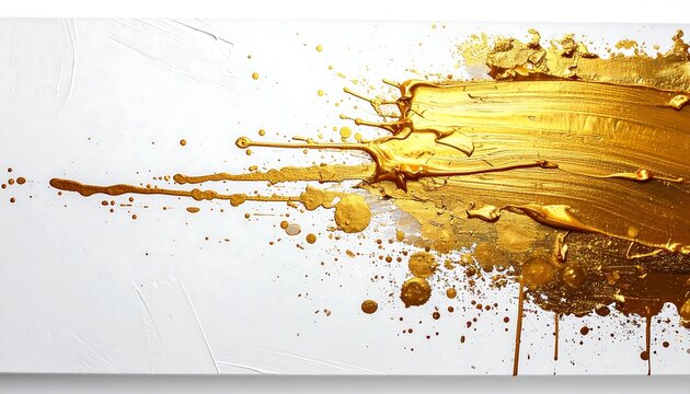 A striking abstract piece. Gold paint explodes from right to left across a white canvas, creating a textured and dynamic visual