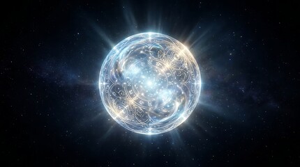 Fototapeta premium Glowing magical crystal sphere featuring intricate ancient circular patterns and brilliant radiant light beams suspended in deep dark space with sparkling distant stars and cosmic clouds