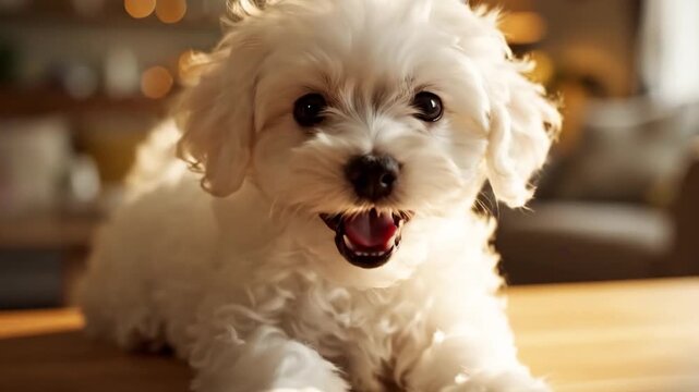 A cute white maltese puppy sits on a wooden table