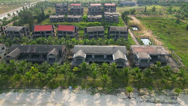 Unfinished Luxury Resort Left To Decay Wasted Millions Danang Beach Vietnam Drone Track Left 4K 30FPS