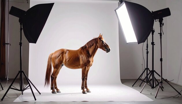 Elegant brown horse in a professional studio setting with lighting equipment.
