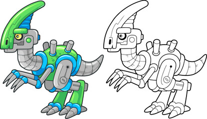 Naklejka premium cute robot dinosaur parasaurolophus, coloring book
