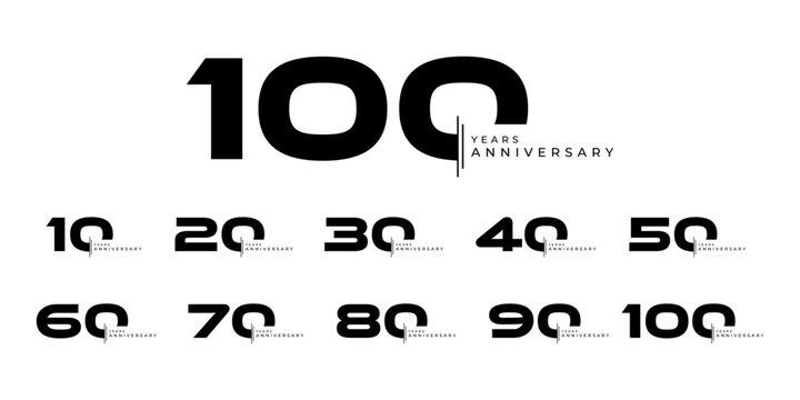 Set of modern vector logo designs for 10th to 100th anniversary, in black color for celebrations, weddings and birthdays	

