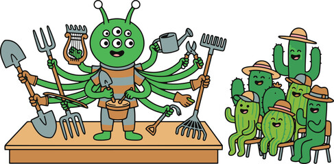 Fototapeta premium Cute green multi eyed alien beating pot drum with trowel and holding gardening tools for cacti, funny doodle illustration
