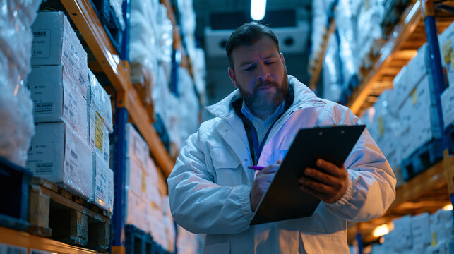 Night shift quality control inspector walking cold storage aisle with clipboard and UV pen verifying product integrity seals on pharmaceutical cases, sub-zero breath condensation visible, silent fro