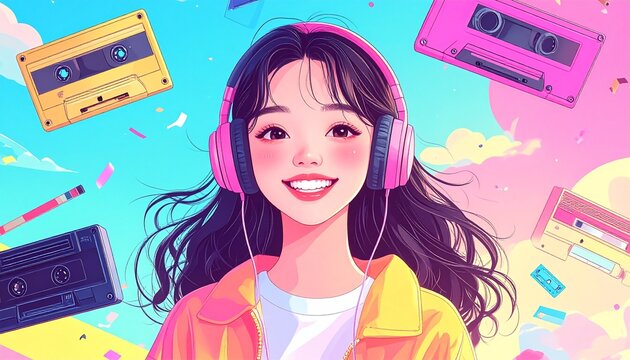 韓国風女子とカセットテープのレトロポップ