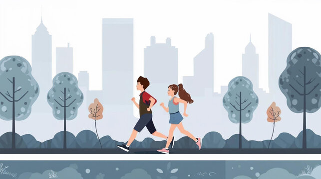 flat vector young boy and girl jogging in the park.