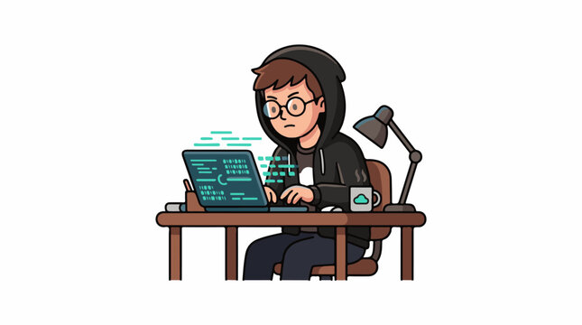 A man in a hoodie works on a laptop with code on the screen