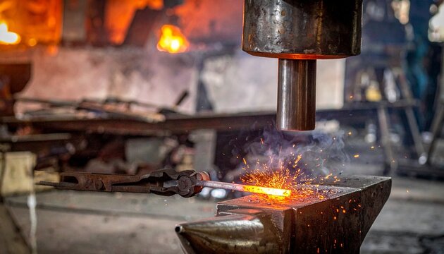 Hot metal glowing in blacksmiths workshop forge.