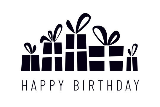 Happy birthday greeting card with black gift boxes and typography text on white background. Minimalist monochrome vector illustration in vintage linocut style for holiday celebration