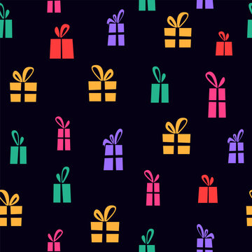 Seamless pattern with color birthday gift boxes on dark background. Happy holiday seamless texture, flat vector illustration for wrapping paper, night party decor, textile print