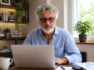 Fototapeta premium Mature man with glasses and grey hair working on laptop at his desk, managing an online business from home
