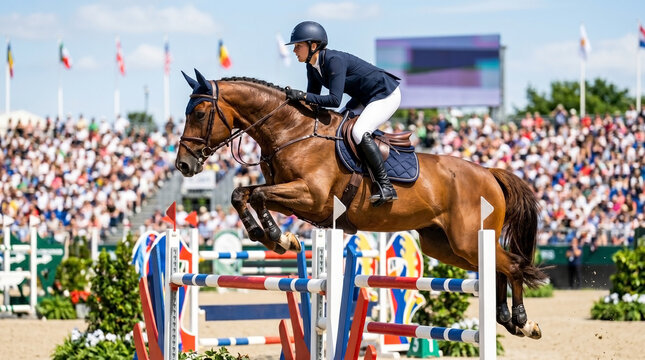 Competition horse jumping over colorful fence in equestrian event with spectators in the background. Equestrian competition showcases rider and horse in action, showcasing skills and teamwork.