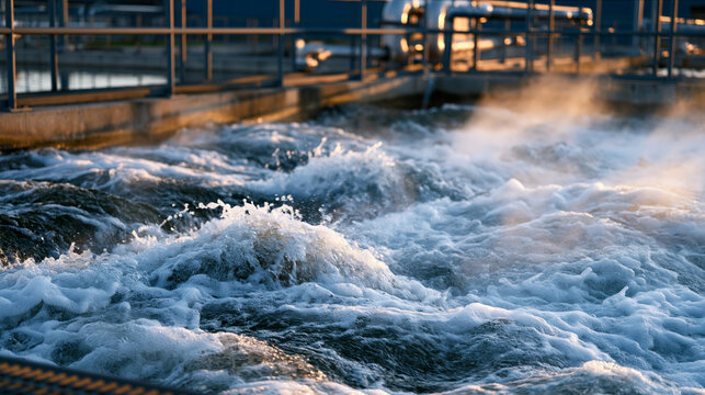 Slow sand filter bed undergoing backwash regeneration at outdoor water treatment facility under early morning mist, rippling surface filtration basin environmental engineering municipal water utilit