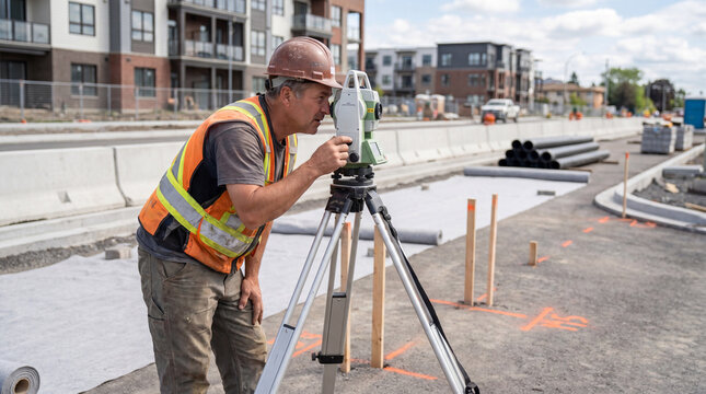 Surveyor Working on Construction Site During Building Project