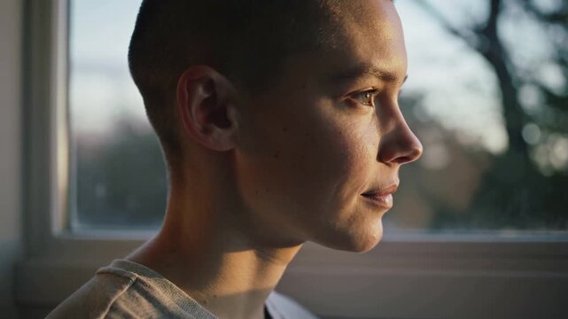 Responding to warm sun, woman turning head, blinking and smiling at window in light crewneck top